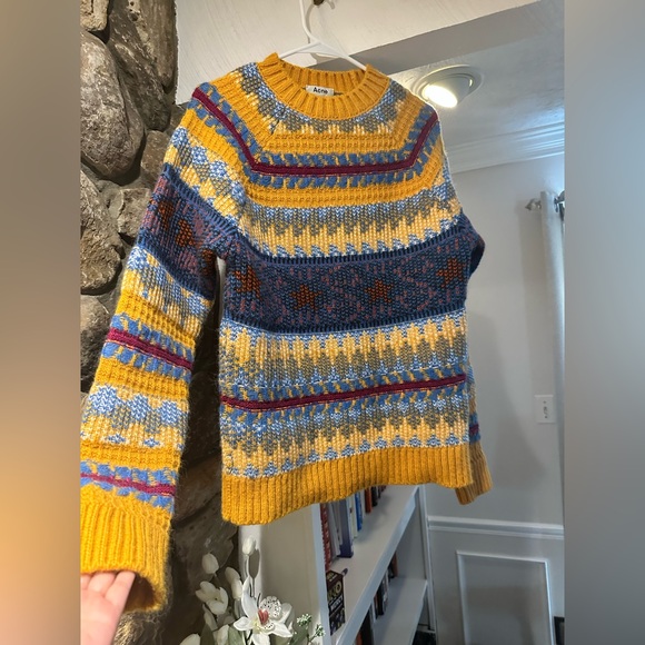 Acne Studios $470 Wool alpaca Yellow Multi-Stripe Jacquard Knit Crewneck Sweater - Picture 11 of 16